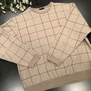 Nautica Distressed Window Pane Plaid Crew Neck Sweatshirt Heathered Tan